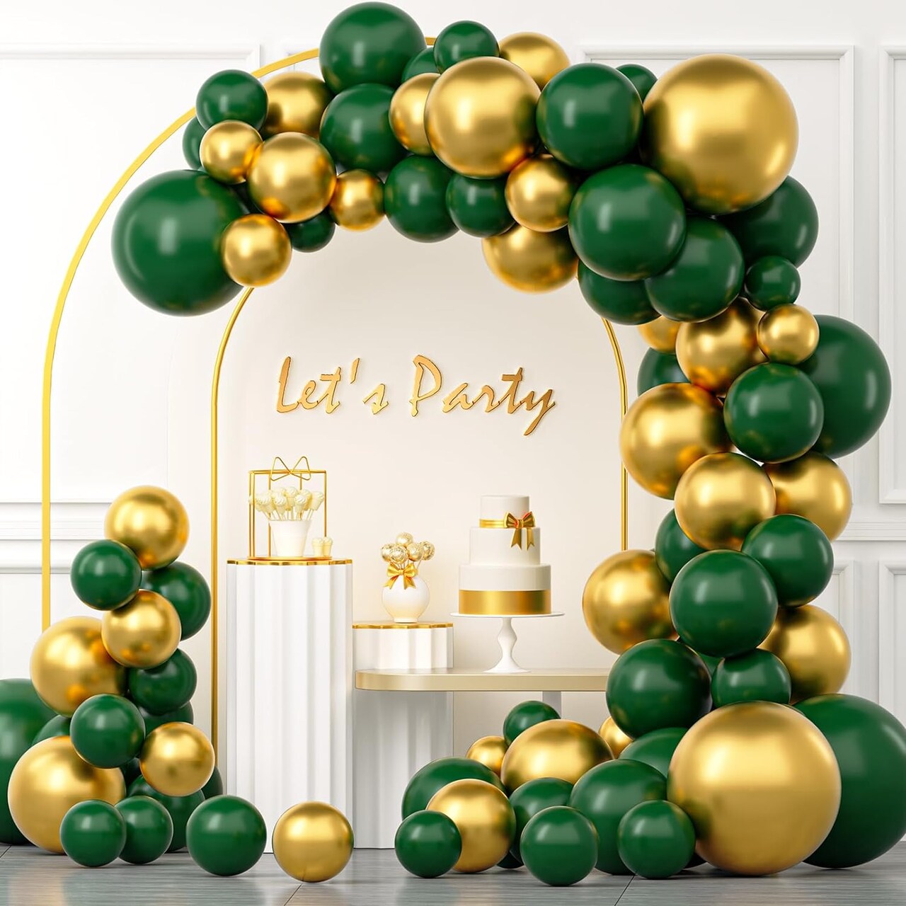 Green and Gold Balloon Garland Arch kit,114Pcs Gold Metallic Balloons Forest Hunter Dark Green Latex Balloons Different Sizes Pack of 18 12 10 5 Inch for Baby Shower Jungle Party Decorations